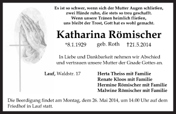 Traueranzeige von Katharina Römischer von Pegnitz-Zeitung